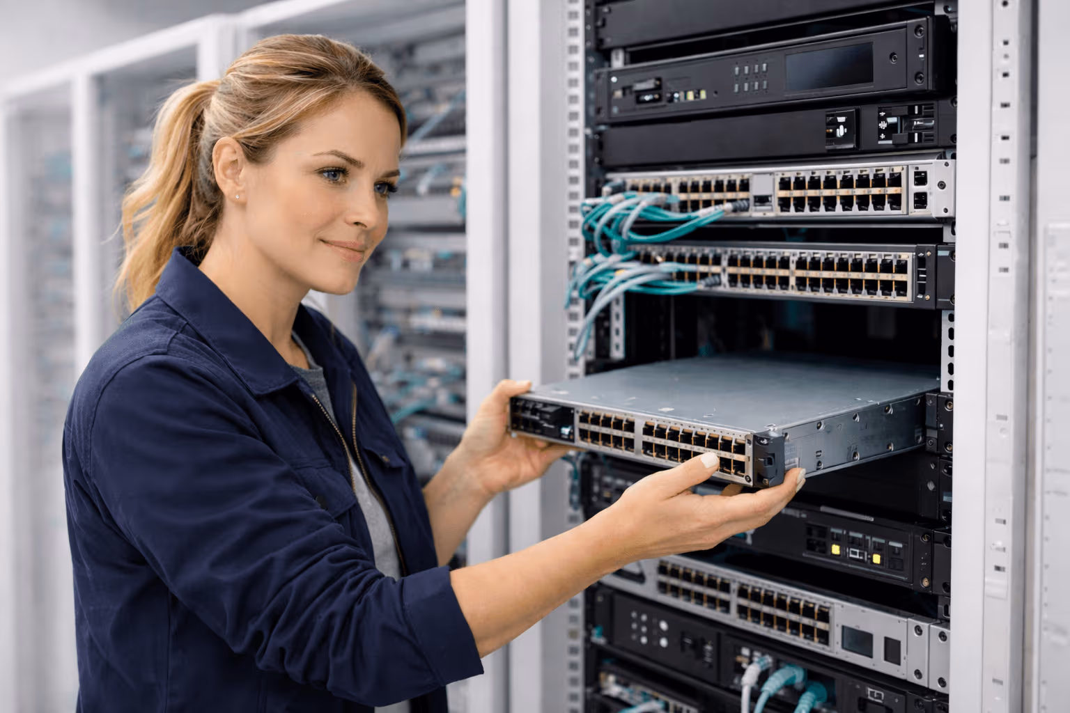 IT-Technikerin tauscht defekten Omada-Switch aus – Vor-Ort-Service